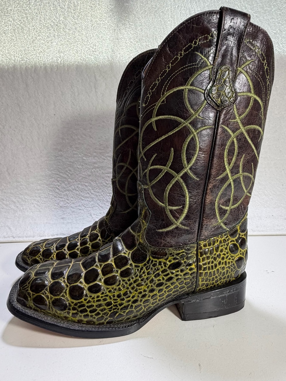 Buitre Exotic Leather Western Cowboy Boots Brown Green Mens 8.5 Unique boots